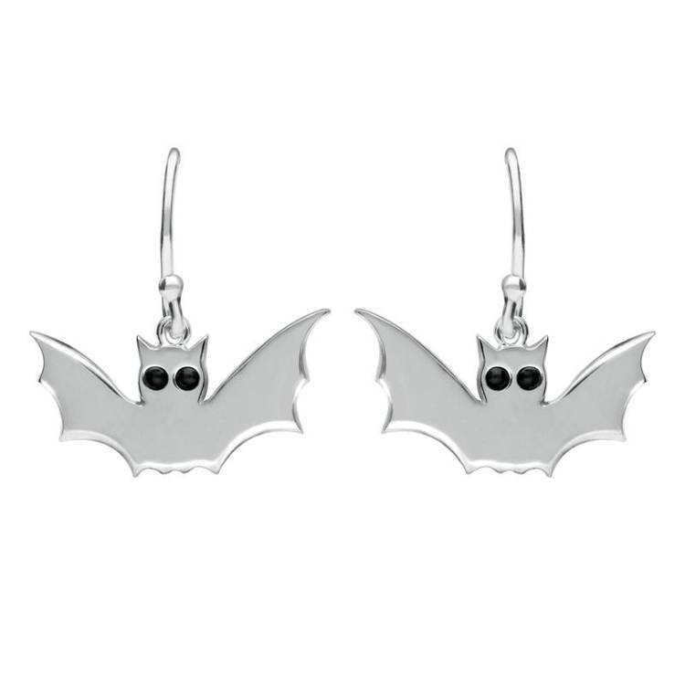 Sterling Silver Whitby Jet Small Bat Hook Earrings. - Silver