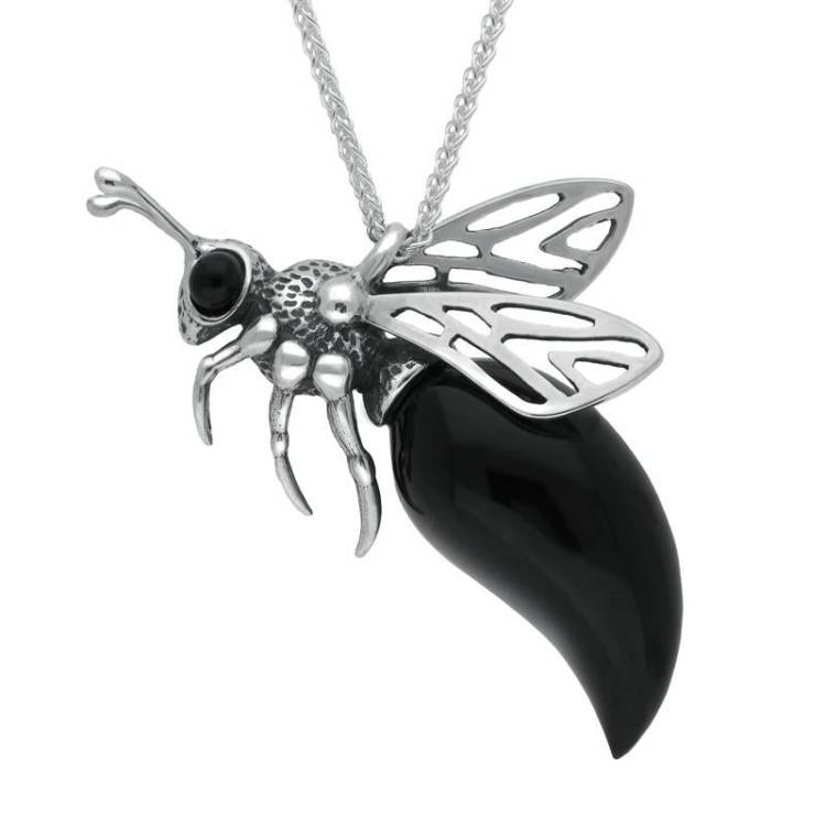 Sterling Silver Whitby Jet Small Bee Necklace - Silver