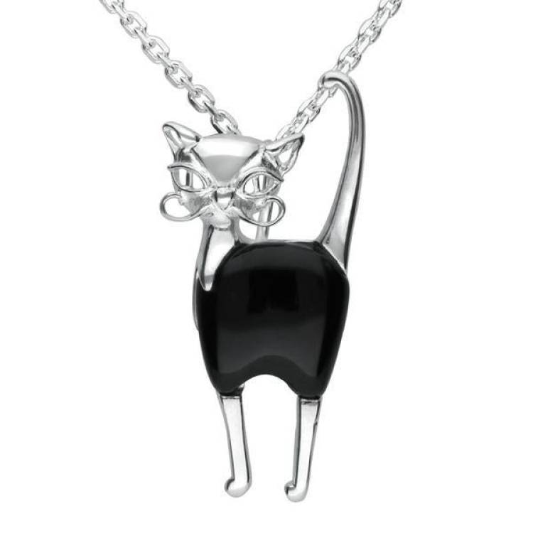 Sterling Silver Whitby Jet Small Cat Necklace