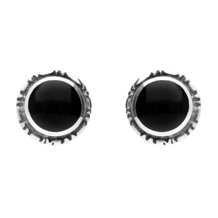 Sterling Silver Whitby Jet Small Circle Rope Edge Stud Earrings - Silver