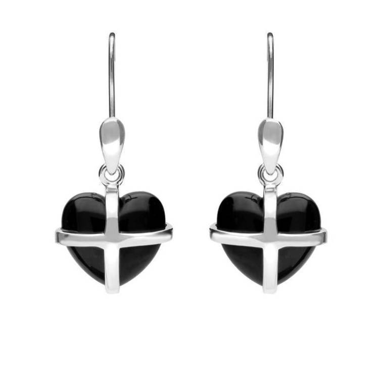 Sterling Silver Whitby Jet Small Cross Heart Drop Earrings - Silver