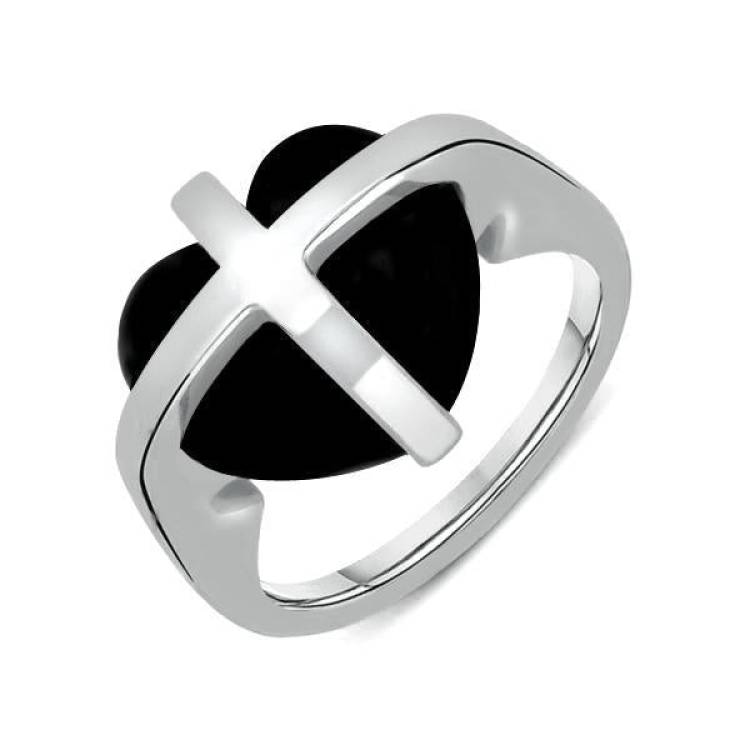 Sterling Silver Whitby Jet Cross Heart Ring - Silver