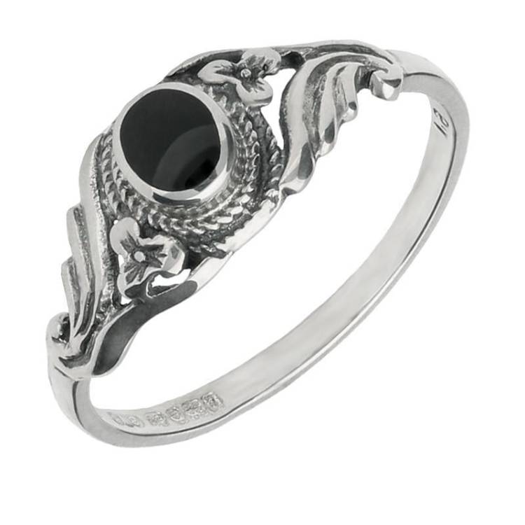 Sterling Silver Whitby Jet Small Fancy Scroll Ring - Silver