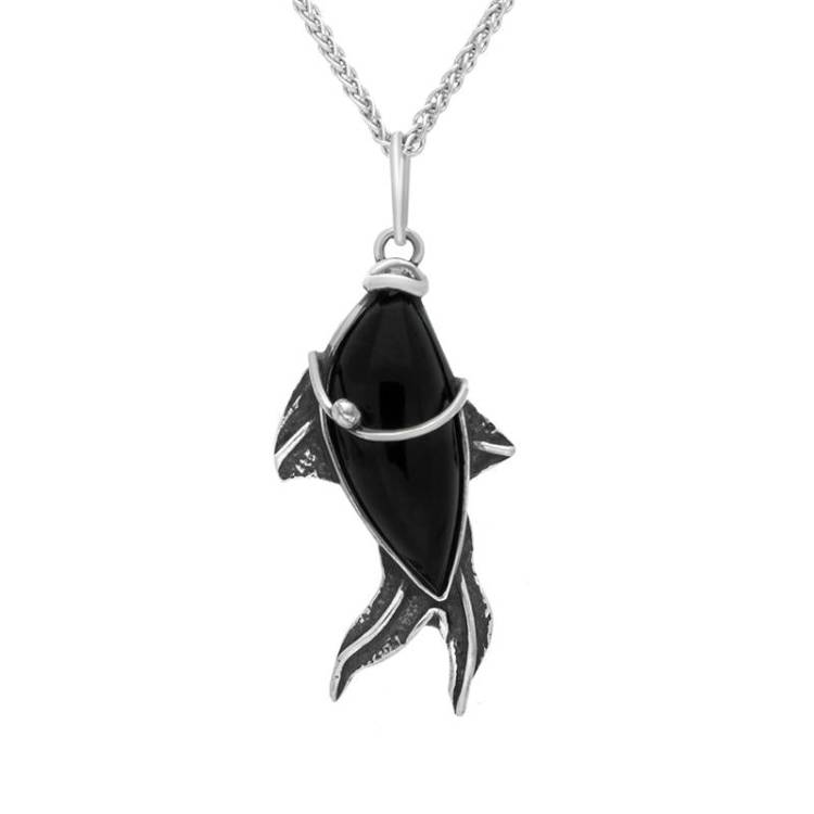 Sterling Silver Whitby Jet Small Fish Necklace - Silver