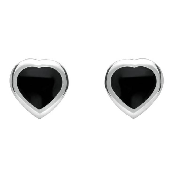 Sterling Silver Whitby Jet Small Framed Heart Stud Earrings - Silver