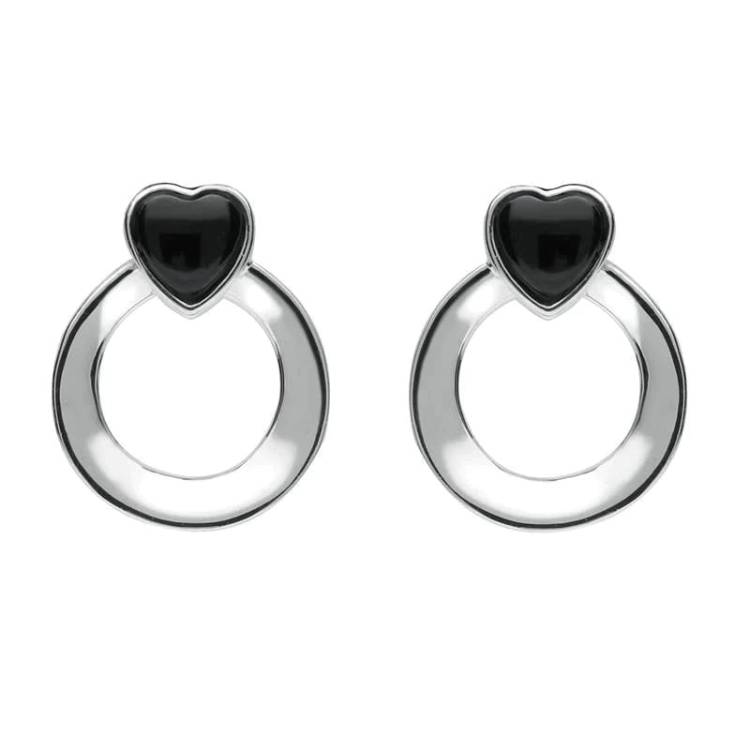 Sterling Silver Whitby Jet Small Heart Circle Stud Earrings - Silver