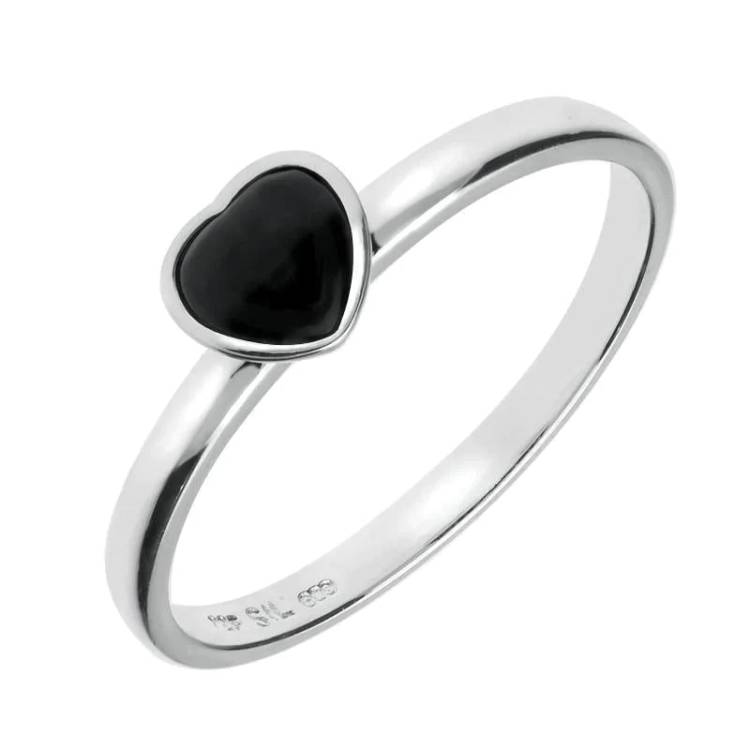 Sterling Silver Whitby Jet Small Heart Ring - Silver