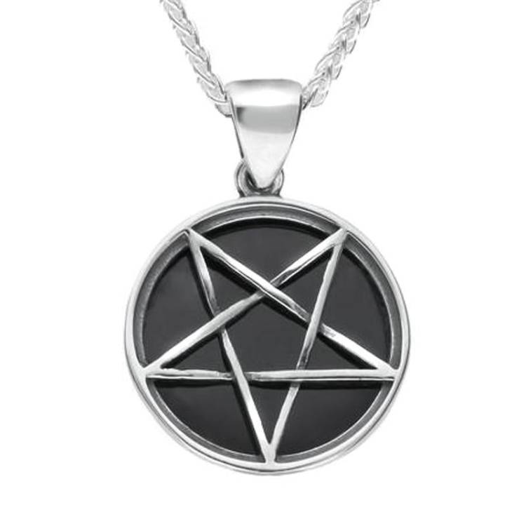 Sterling Silver Whitby Jet Small Inverse Pentagram Necklace - Silver