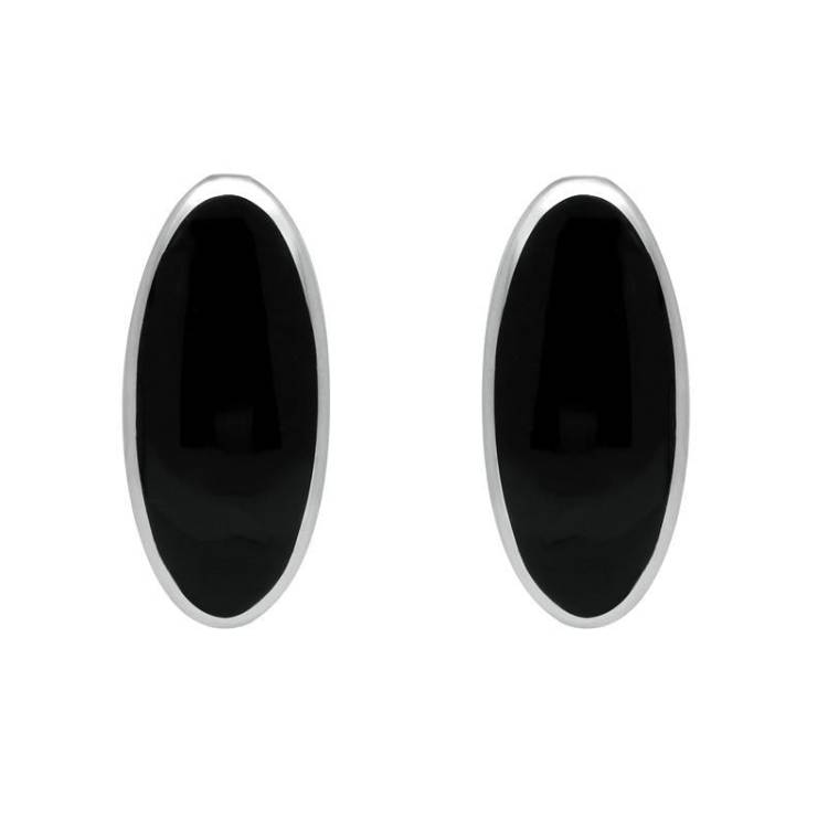 Sterling Silver Whitby Jet Small Long Oval Stud Earrings - Silver