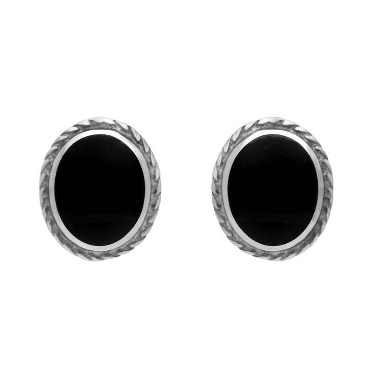 Sterling Silver Whitby Jet Small Oval Rope Edge Stud Earrings - Silver