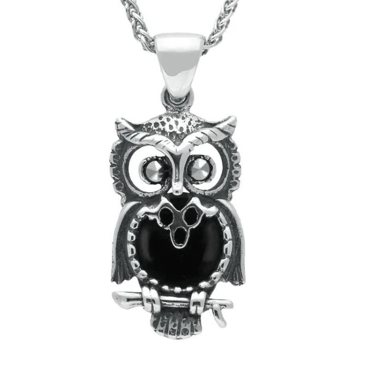 Sterling Silver Whitby Jet Small Owl Necklace - Silver