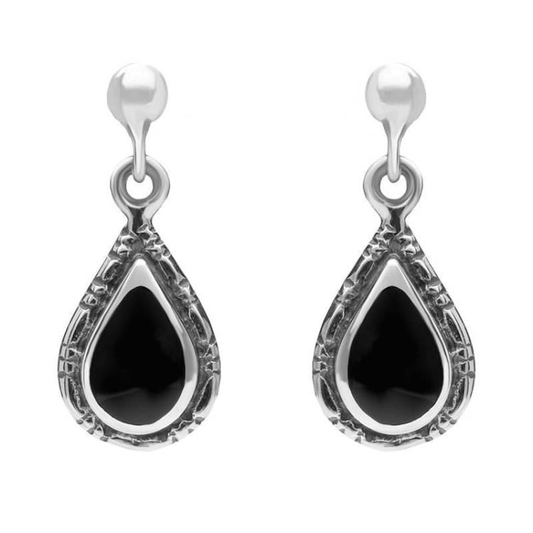 Sterling Silver Whitby Jet Small Pear Drop Earrings - Silver