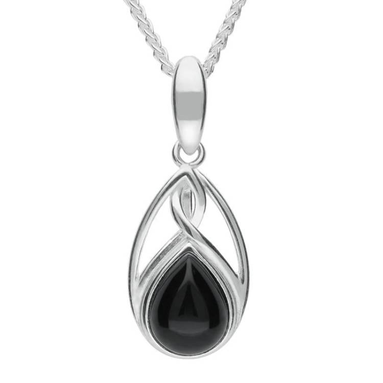 Sterling Silver Whitby Jet Small Pear Twist Celtic Necklace - Option1 Value Silver