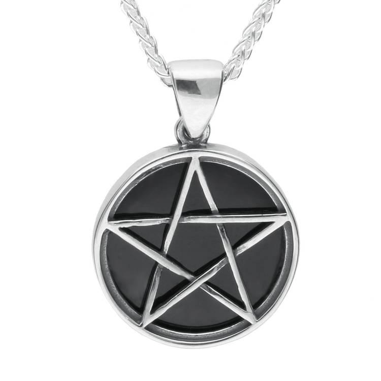 Sterling Silver Whitby Jet Small Pentagram Necklace - Silver
