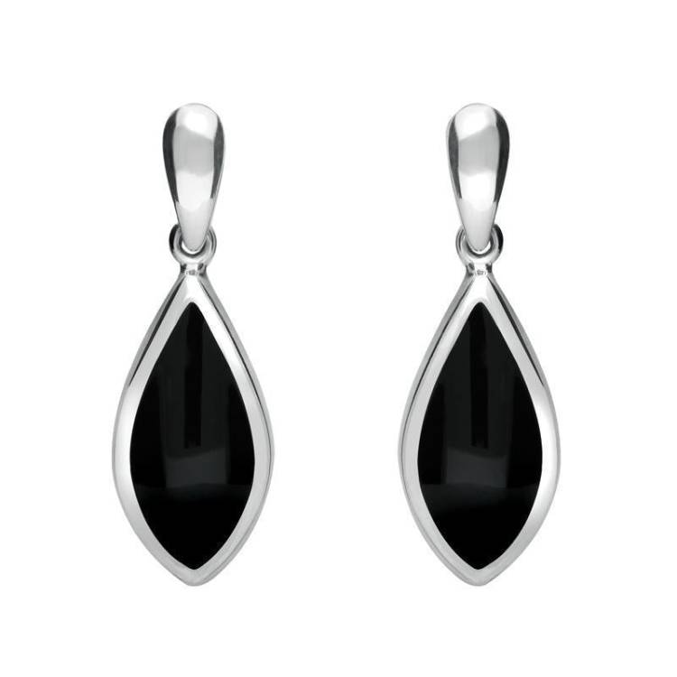 Sterling Silver Whitby Jet Small Pointed Pear Drop Earrings