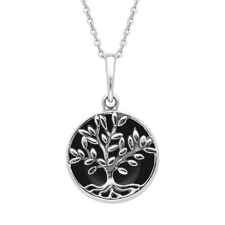 Sterling Silver Whitby Jet Small Round Large Leaves Tree of Life Necklace
