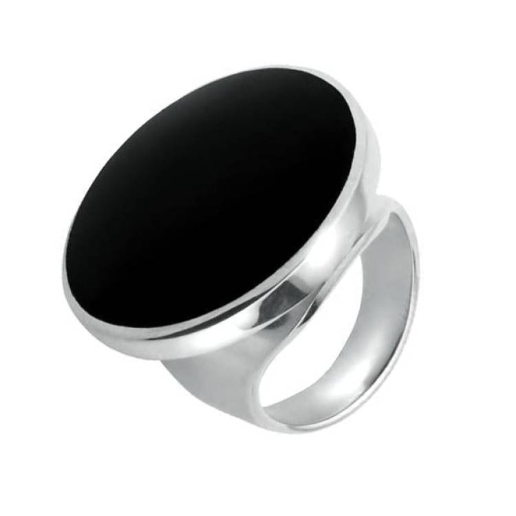Sterling Silver Whitby Jet Small Round Ring - Silver