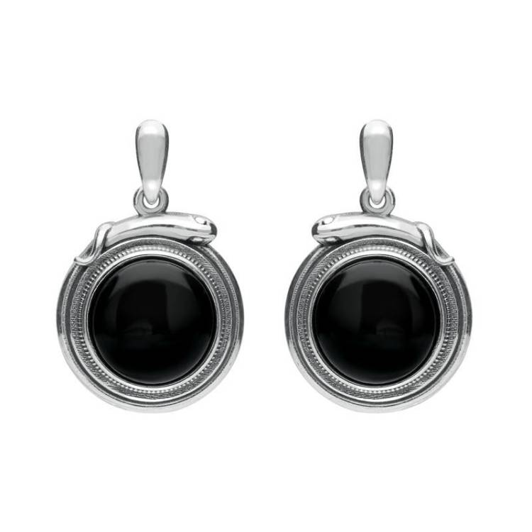 Sterling Silver Whitby Jet Small Round Snake Edge Drop Earrings - Silver