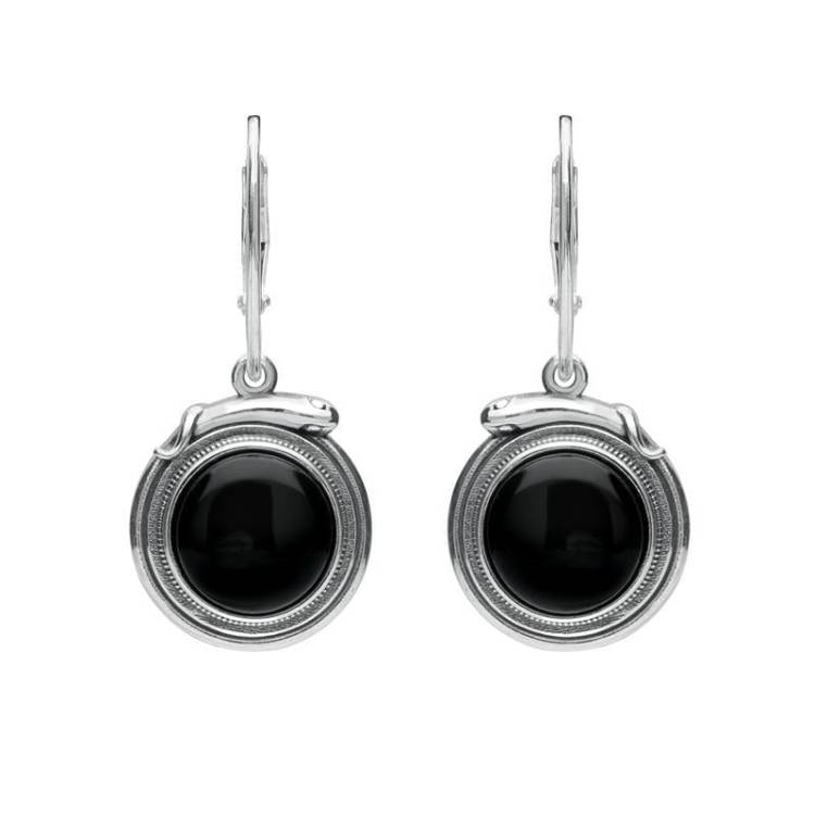 Sterling Silver Whitby Jet Small Round Snake Edge Hook Drop Earrings - Silver