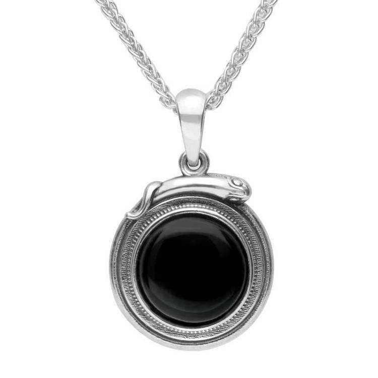 Sterling Silver Whitby Jet Small Round Snake Edge Necklace - Silver