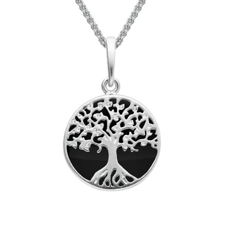 Sterling Silver Whitby Jet Small Round Tree of Life Necklace