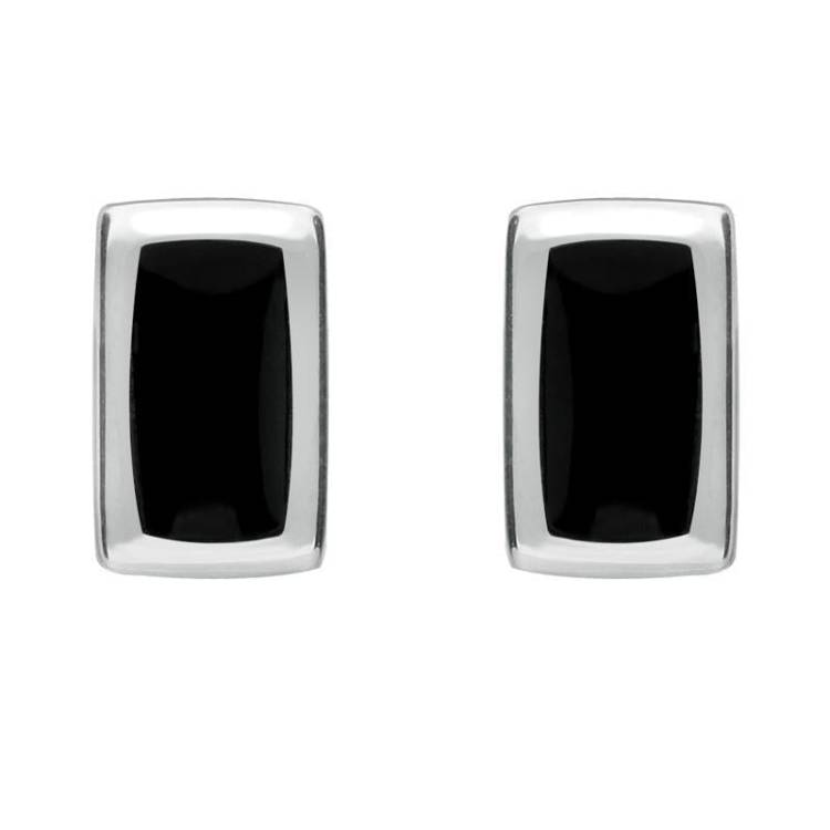 Sterling Silver Whitby Jet Small Rounded Oblong Stud Earrings - Silver
