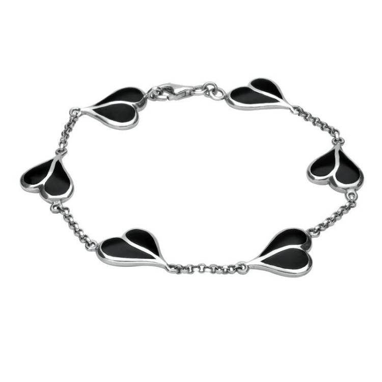 Sterling Silver Whitby Jet Split Heart Bracelet - Silver