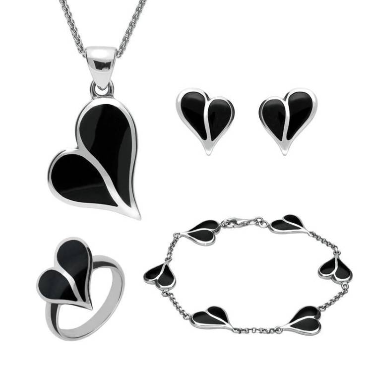 Sterling Silver Whitby Jet Split Heart Four Piece Set - Silver