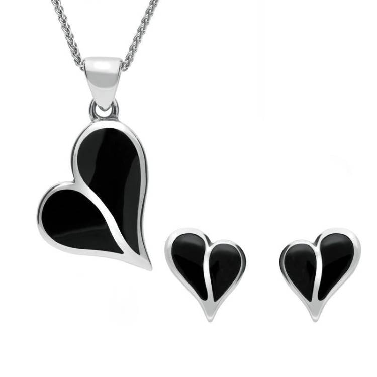 Sterling Silver Whitby Jet Split Heart Two Piece Set - Silver