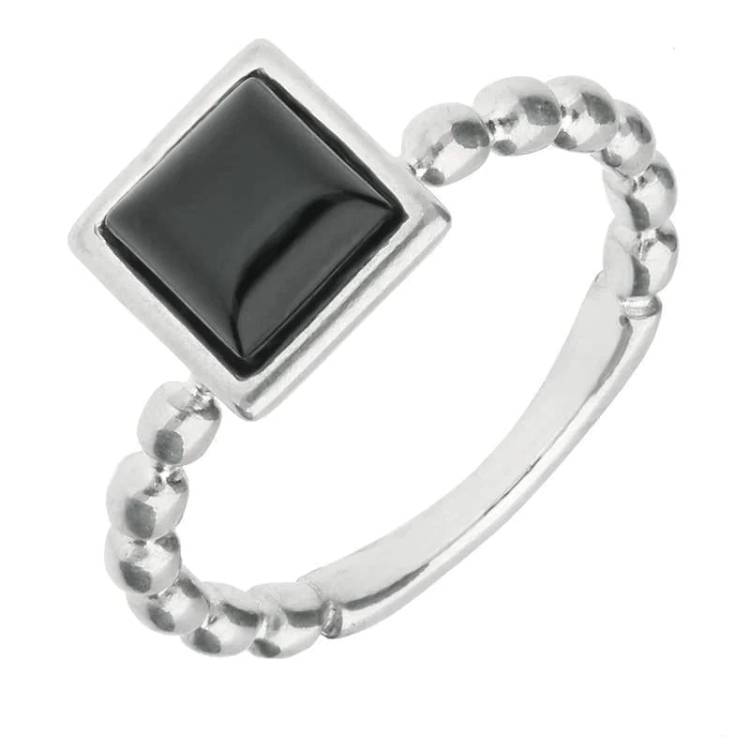 Sterling Silver Whitby Jet Square Beaded Stacking Ring - Silver