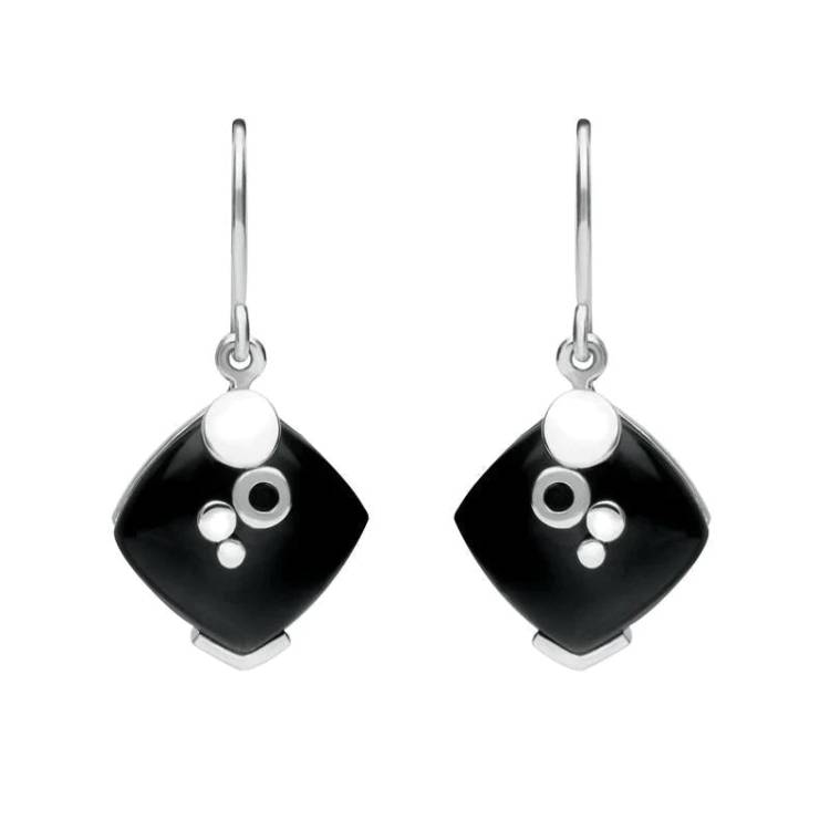 Sterling Silver Whitby Jet Square Bubble Detail Earrings - Silver