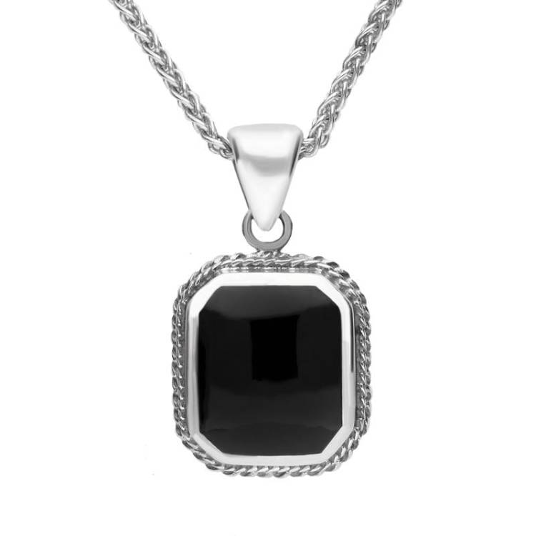 Sterling Silver Whitby Jet Square Rope Edge Necklace - Silver