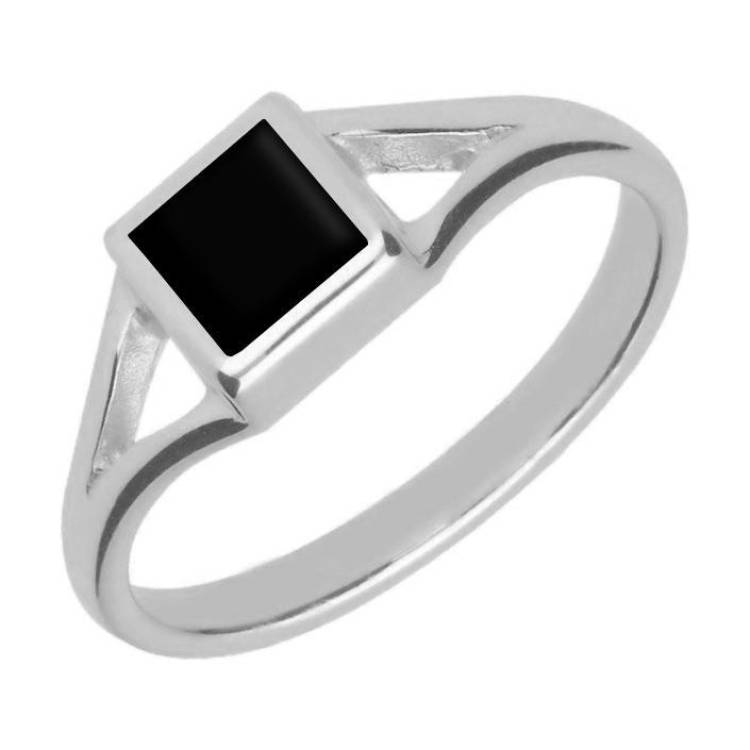 Sterling Silver Whitby Jet Square Split Shoulder Ring - Silver