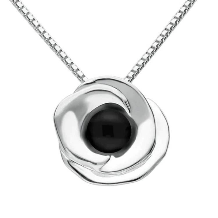 Sterling Silver Whitby Jet Stone Rose Necklace - Silver