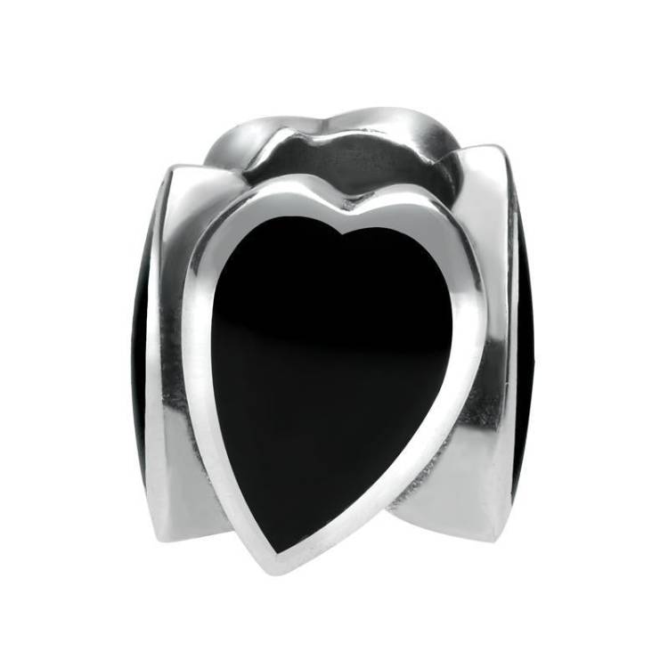 Sterling Silver Whitby Jet Stretched Hearts Charm - Silver