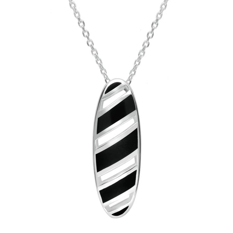 Sterling Silver Whitby Jet Striped Open Oval Necklace D - Silver