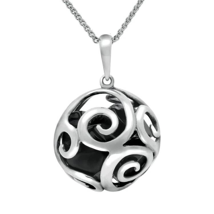 Sterling Silver Whitby Jet Swirl Cage Bead Ball Necklace - Silver