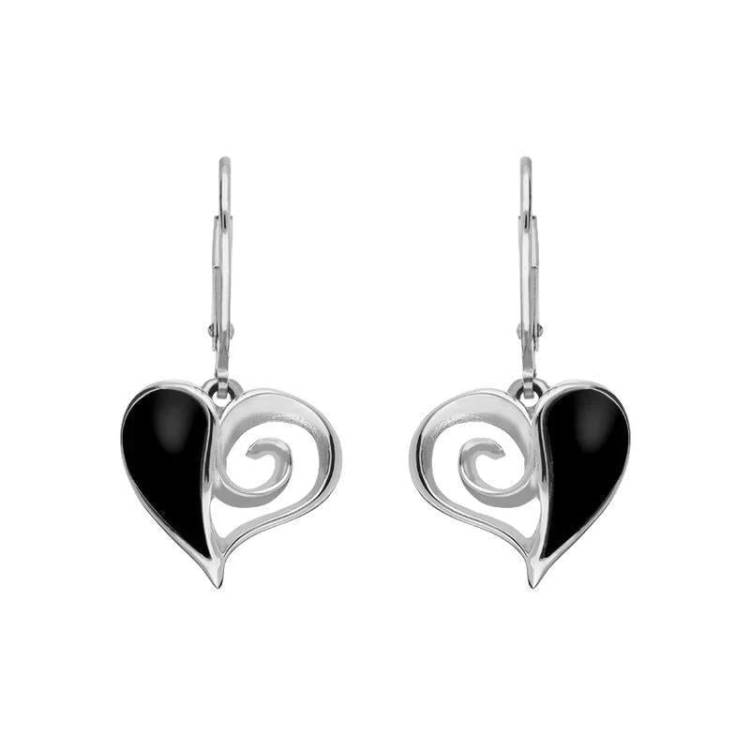 Sterling Silver Whitby Jet Swirl Heart Drop Earrings - Silver