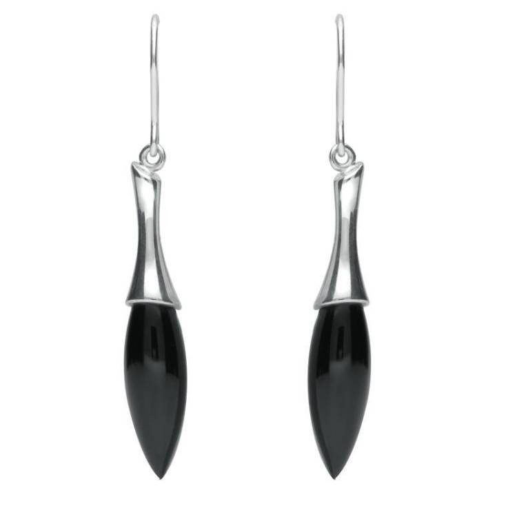 Sterling Silver Whitby Jet Tapered Drop Earrings - Silver
