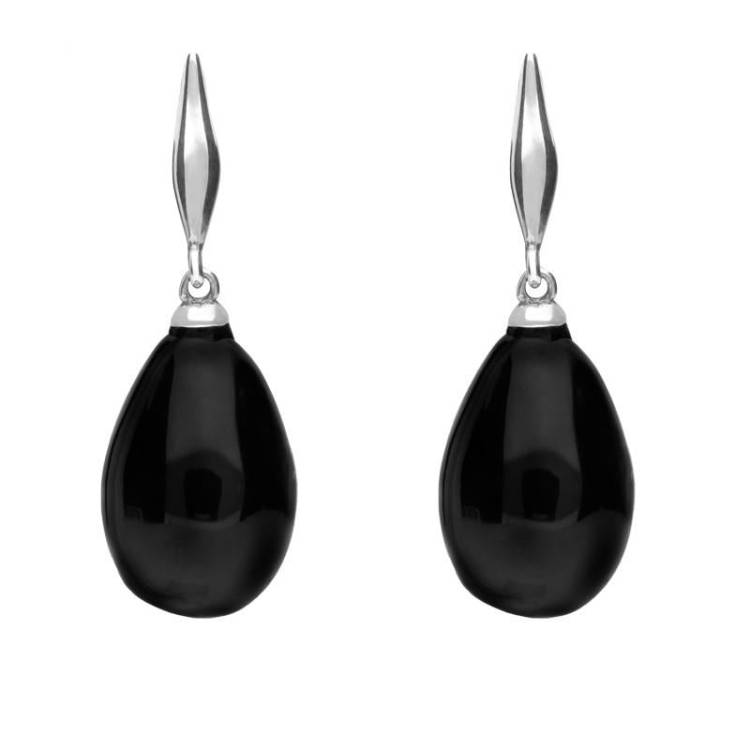 Sterling Silver Whitby Jet Tapered Top Pear Drop Stud Earrings - Silver