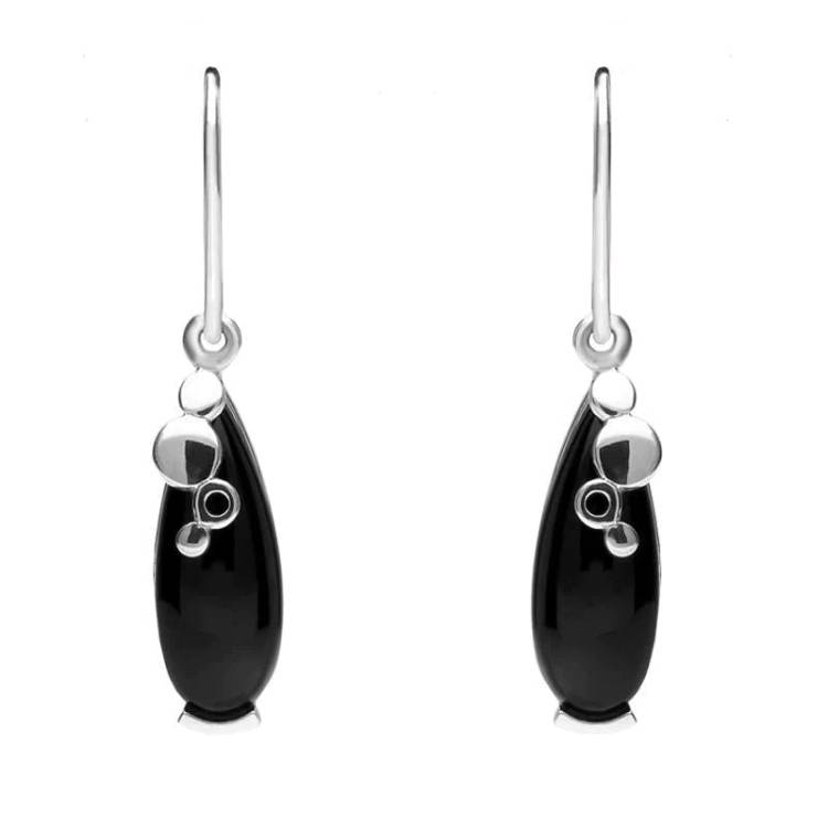 Sterling Silver Whitby Jet Teardrop Bubble Detail Earrings - Silver