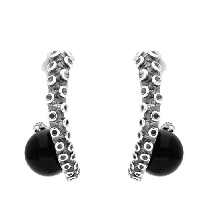 Sterling Silver Whitby Jet Tentacle Hoop Earrings - Silver