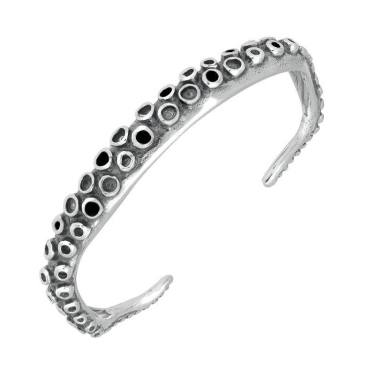 Sterling Silver Whitby Jet Octopus Tentacle Torc Bangle - Silver