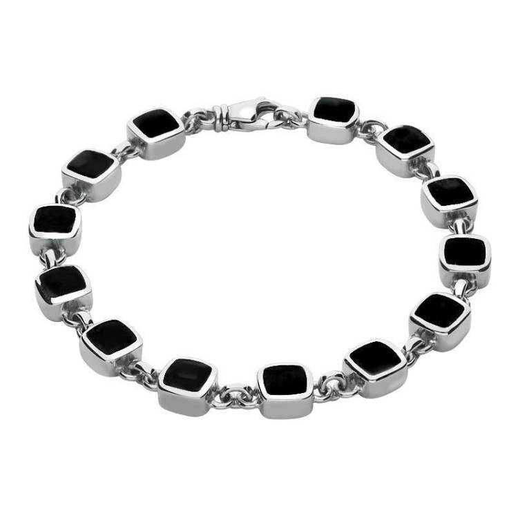 Sterling Silver Whitby Jet Square Cushion Bracelet - Silver