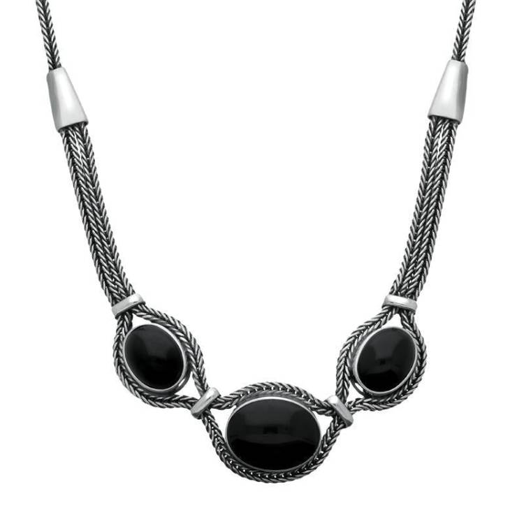 Sterling Silver Whitby Jet Three Stone Oval Foxtail Necklace - Option1 Value Silver