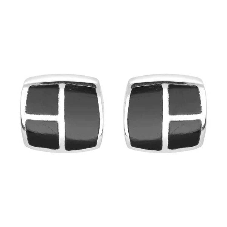 Sterling Silver Whitby Jet Three Stone Square Stud Earrings