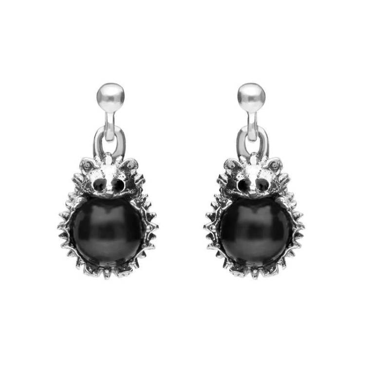 Sterling Silver Whitby Jet Tiny Hedgehog Drop Earrings - Silver