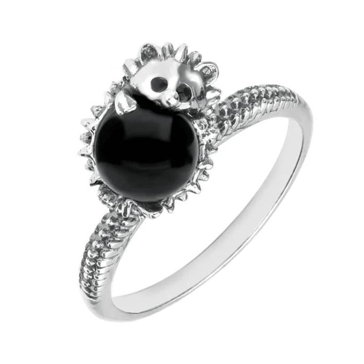 Sterling Silver Whitby Jet Tiny Hedgehog Ring - Silver