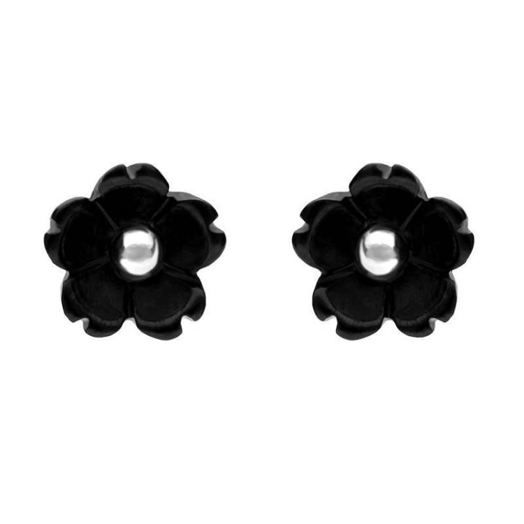 Sterling Silver Whitby Jet Tuberose 6mm Flower Stud Earrings - Silver