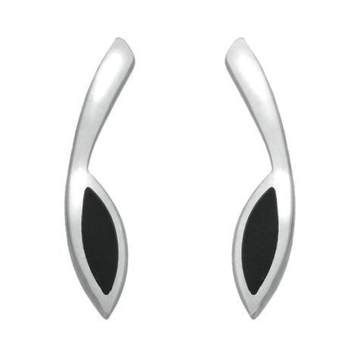 Sterling Silver Whitby Jet Toscana Long Marquise Stud Earrings - Silver